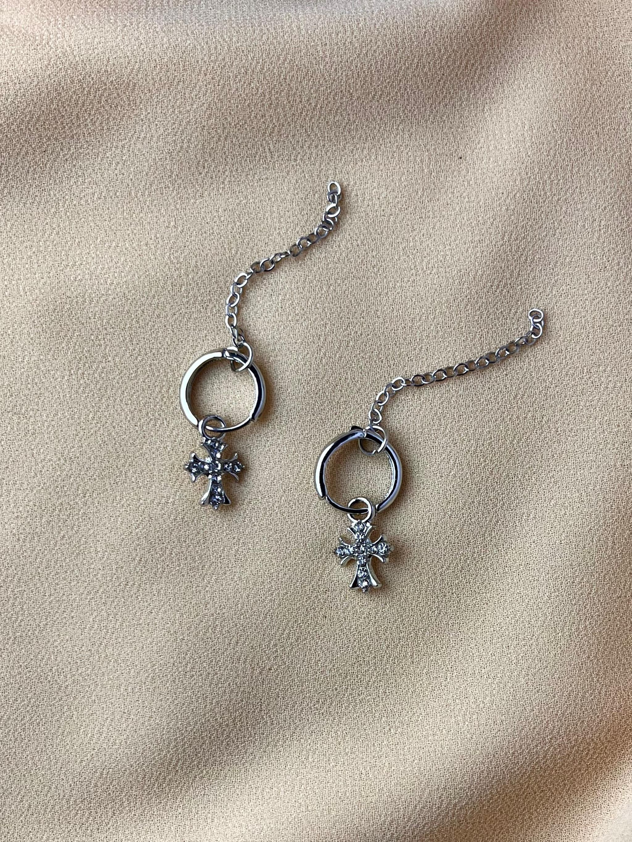 Jenmore Gothic Rhinestone Cross Chain Hoop Earrings