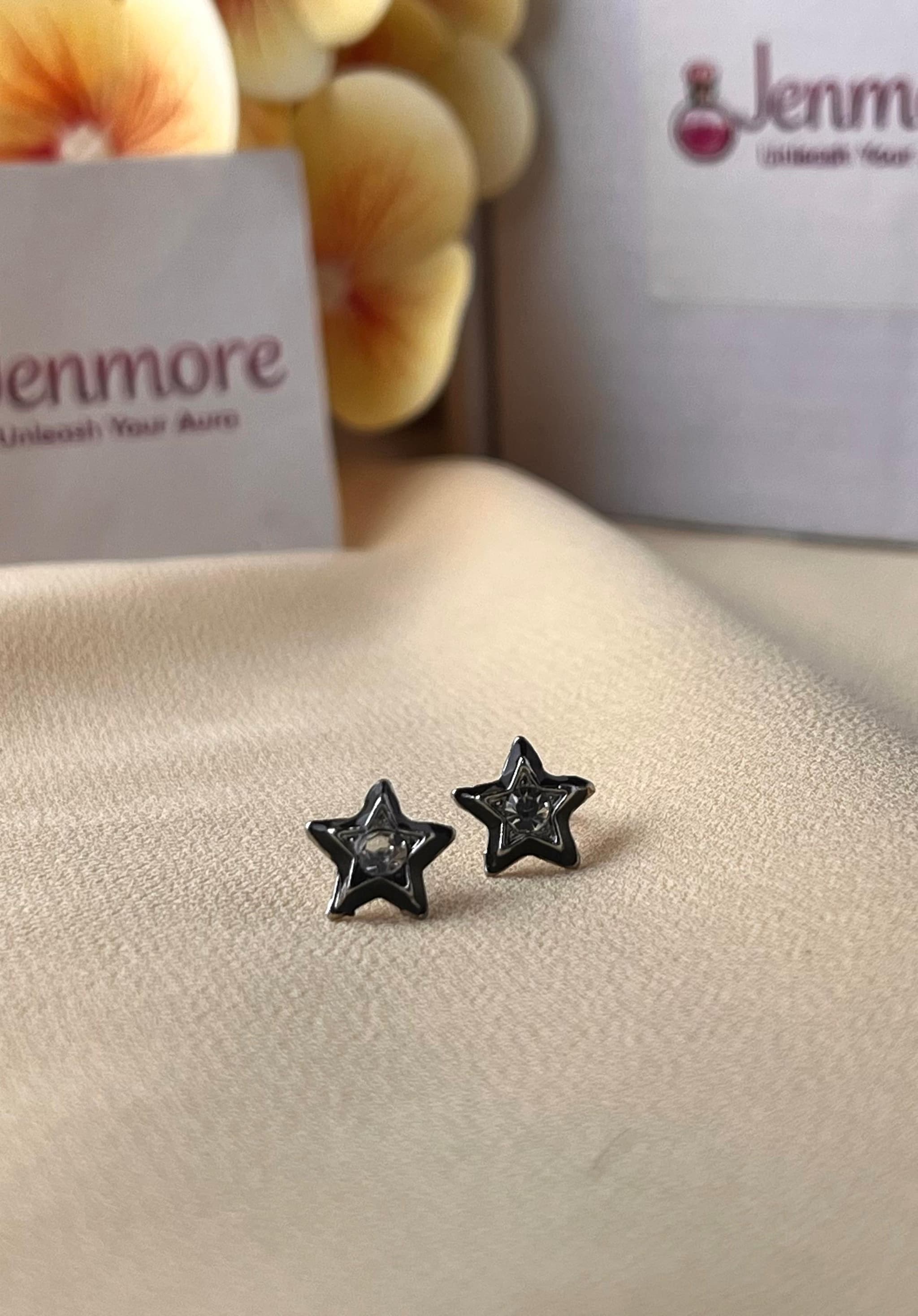 Jenmore Midnight Stella Black Enamel Rhinestone Star Stud Earrings