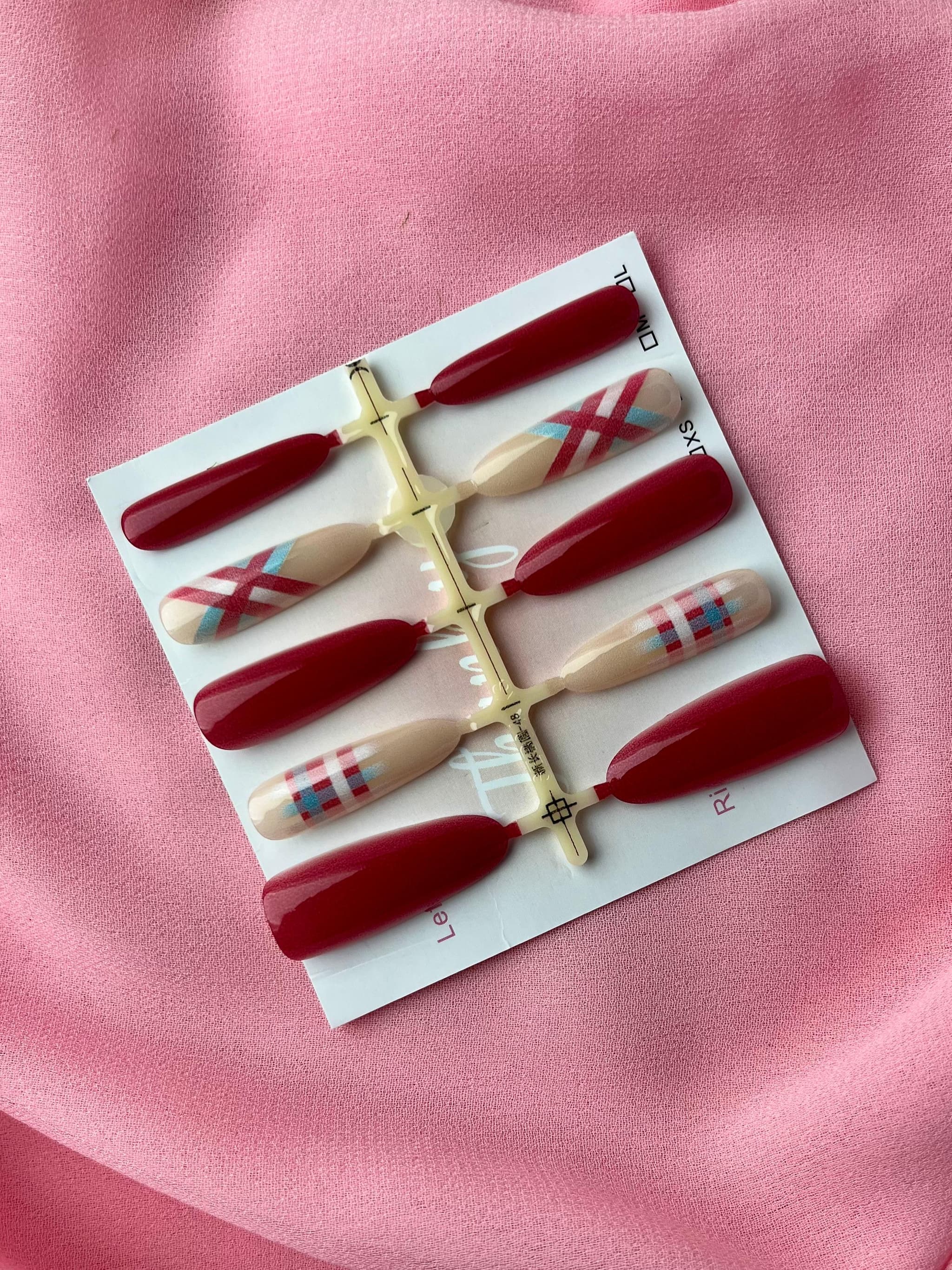 Jenmore Autumn Plaid Burgundy & Nude Coquette Press-On Nail Set (Includes Nail Glue)