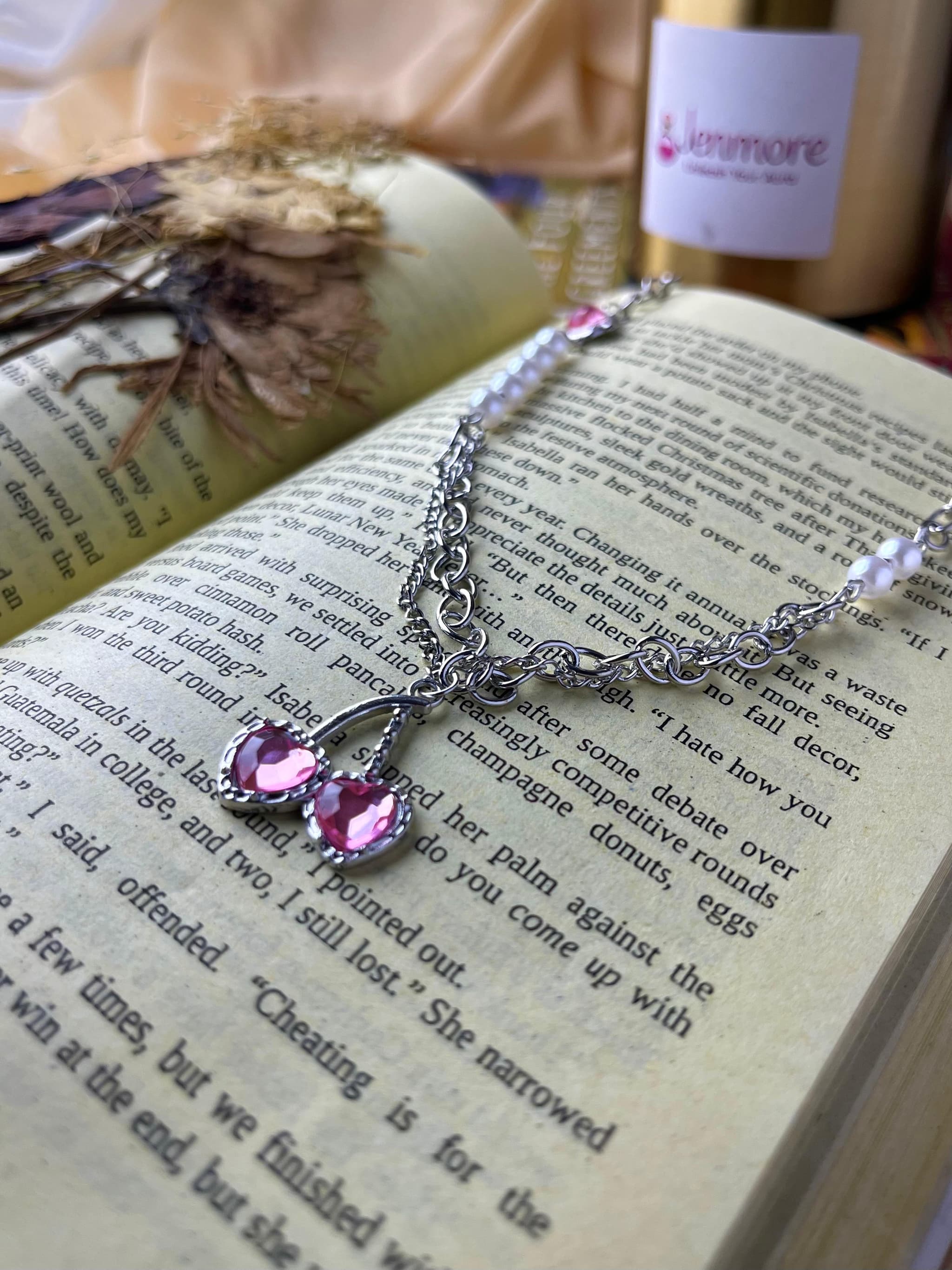 Double Pink Crystal Heart Chain Necklace