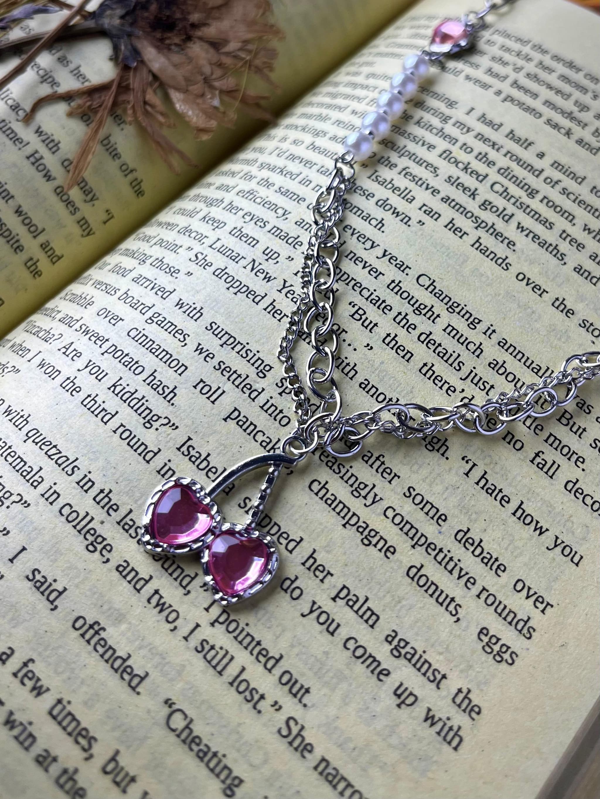 Double Pink Crystal Heart Chain Necklace — view 2