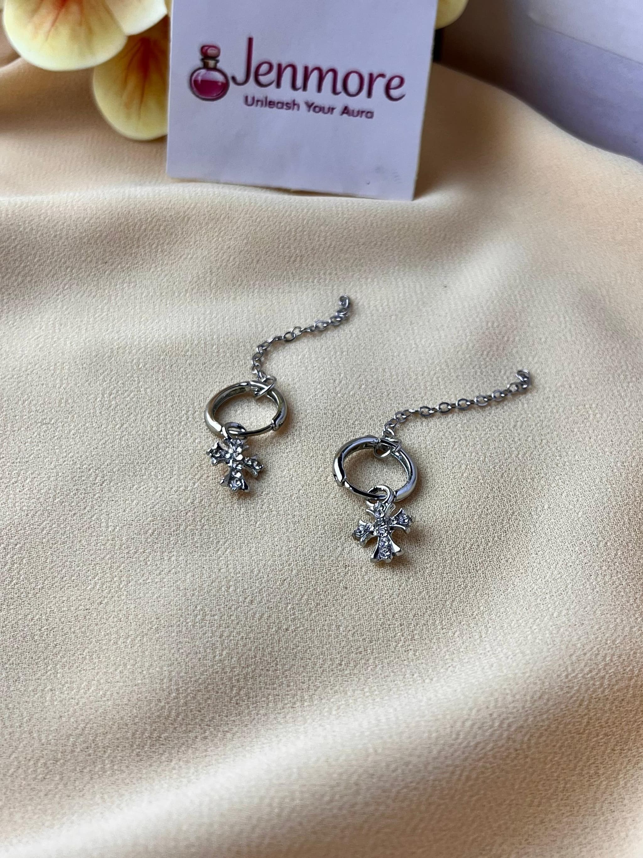 Jenmore Gothic Rhinestone Cross Chain Hoop Earrings — view 2