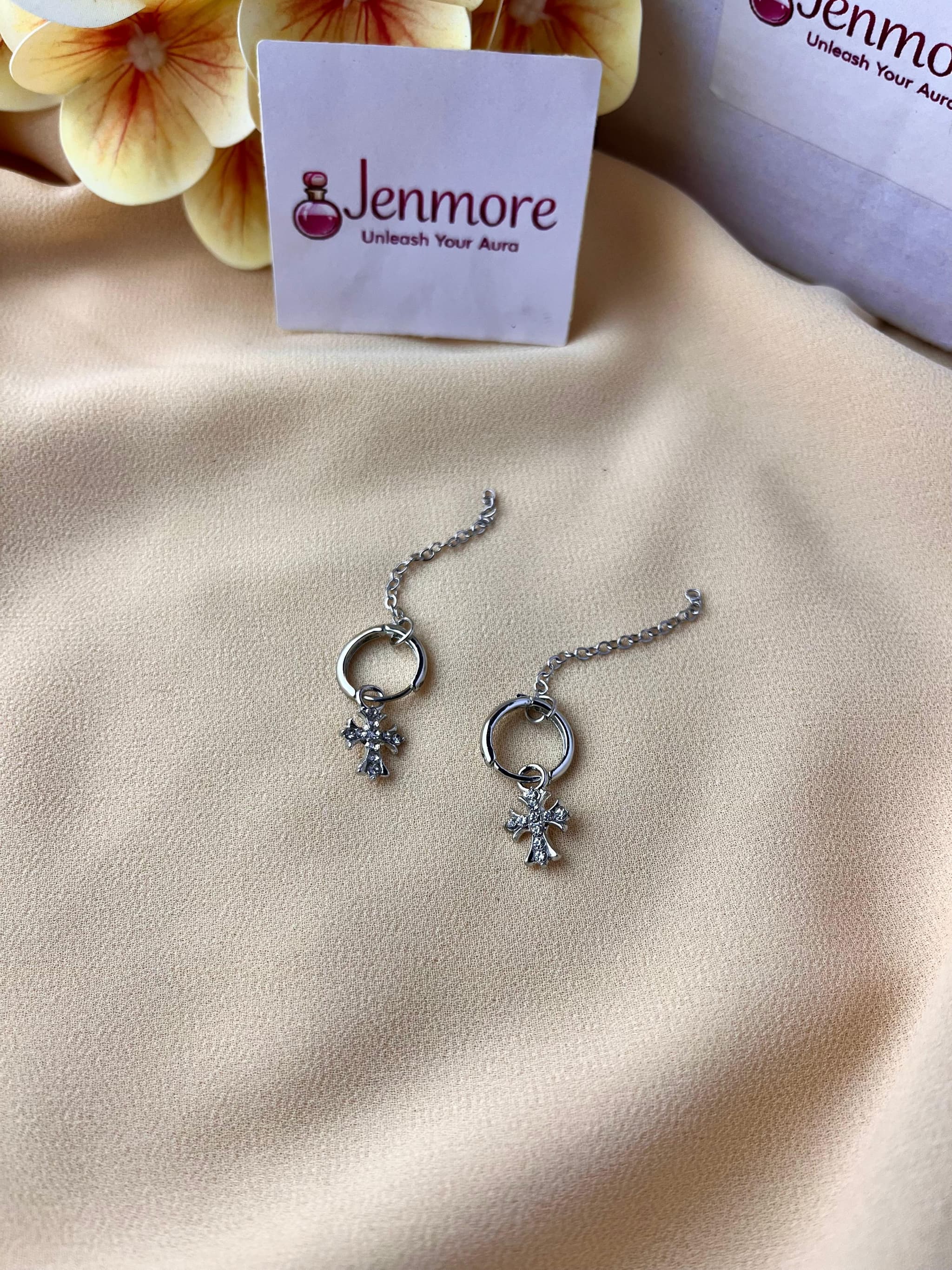 Jenmore Gothic Rhinestone Cross Chain Hoop Earrings — view 3