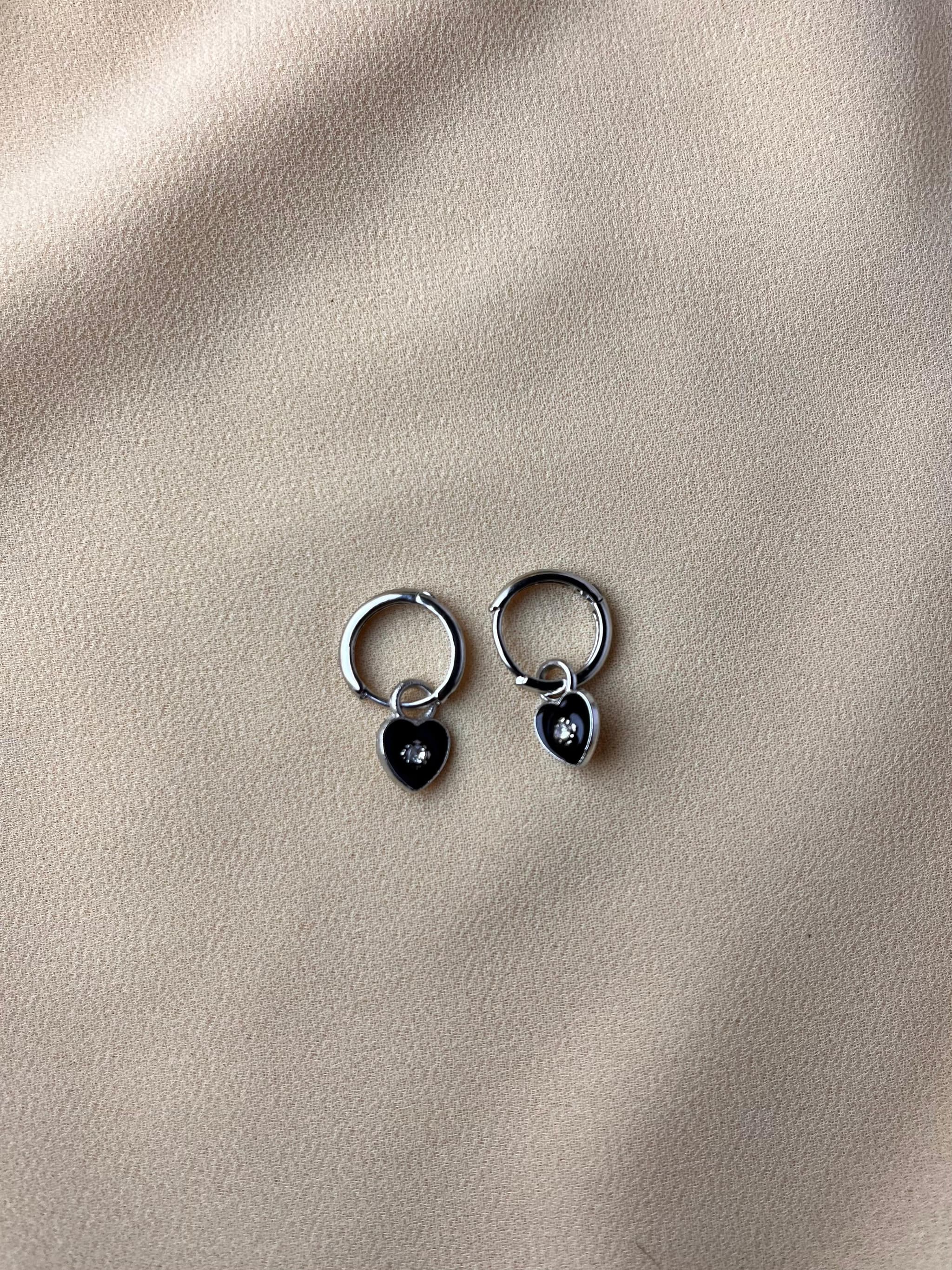 Jenmore Midnight Sweetheart Black Enamel Rhinestone Heart Hoop Earrings