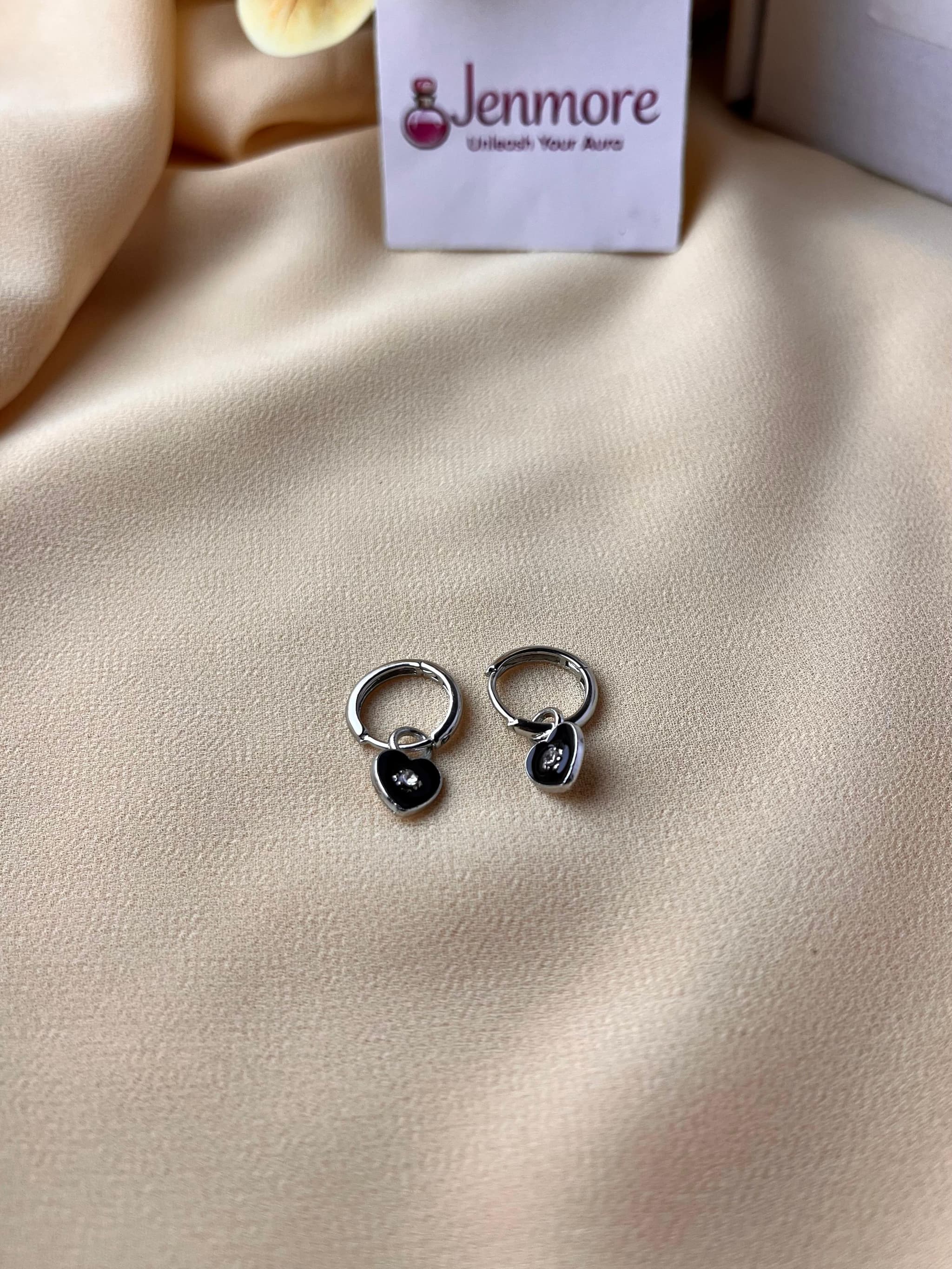 Jenmore Midnight Sweetheart Black Enamel Rhinestone Heart Hoop Earrings — view 2