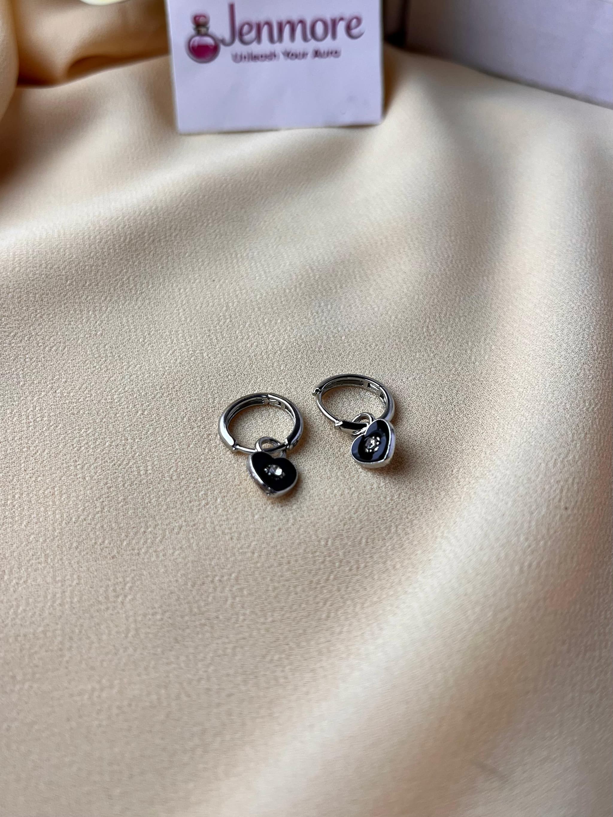 Jenmore Midnight Sweetheart Black Enamel Rhinestone Heart Hoop Earrings — view 3