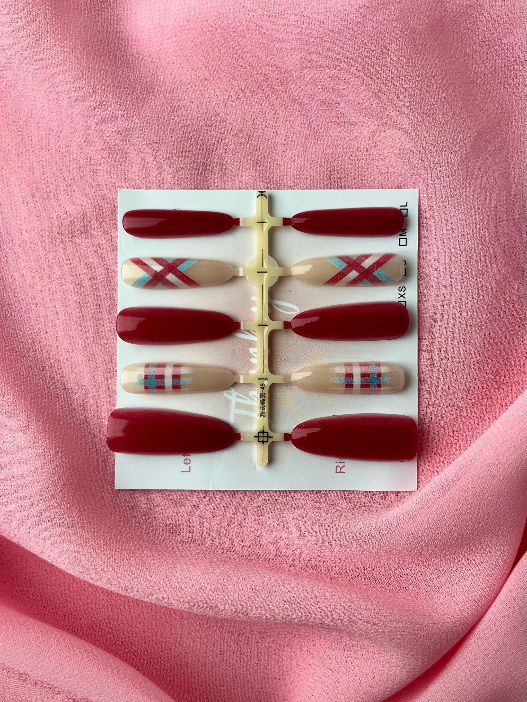 Jenmore Autumn Plaid Burgundy & Nude Coquette Press-On Nail Set (Includes Nail Glue) — view 2