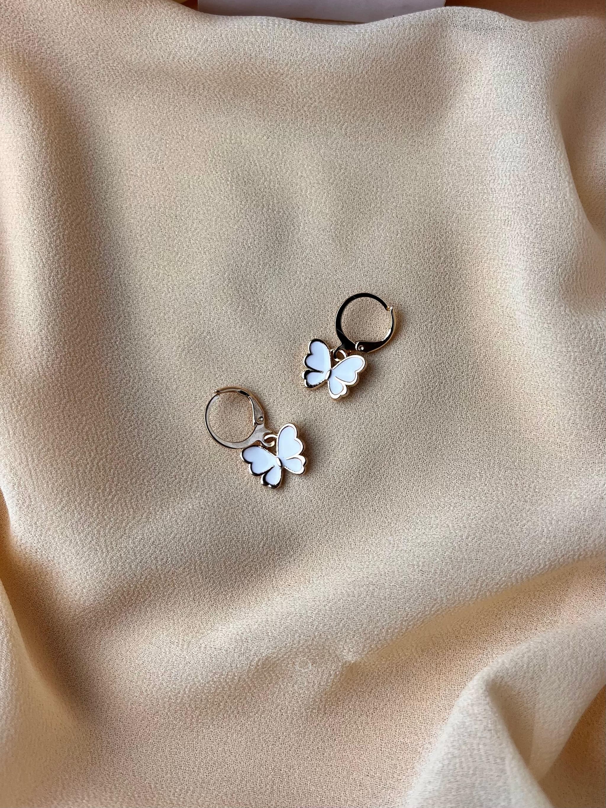 Jenmore White Enamel Blossom Butterfly Leverback Drop Earrings
