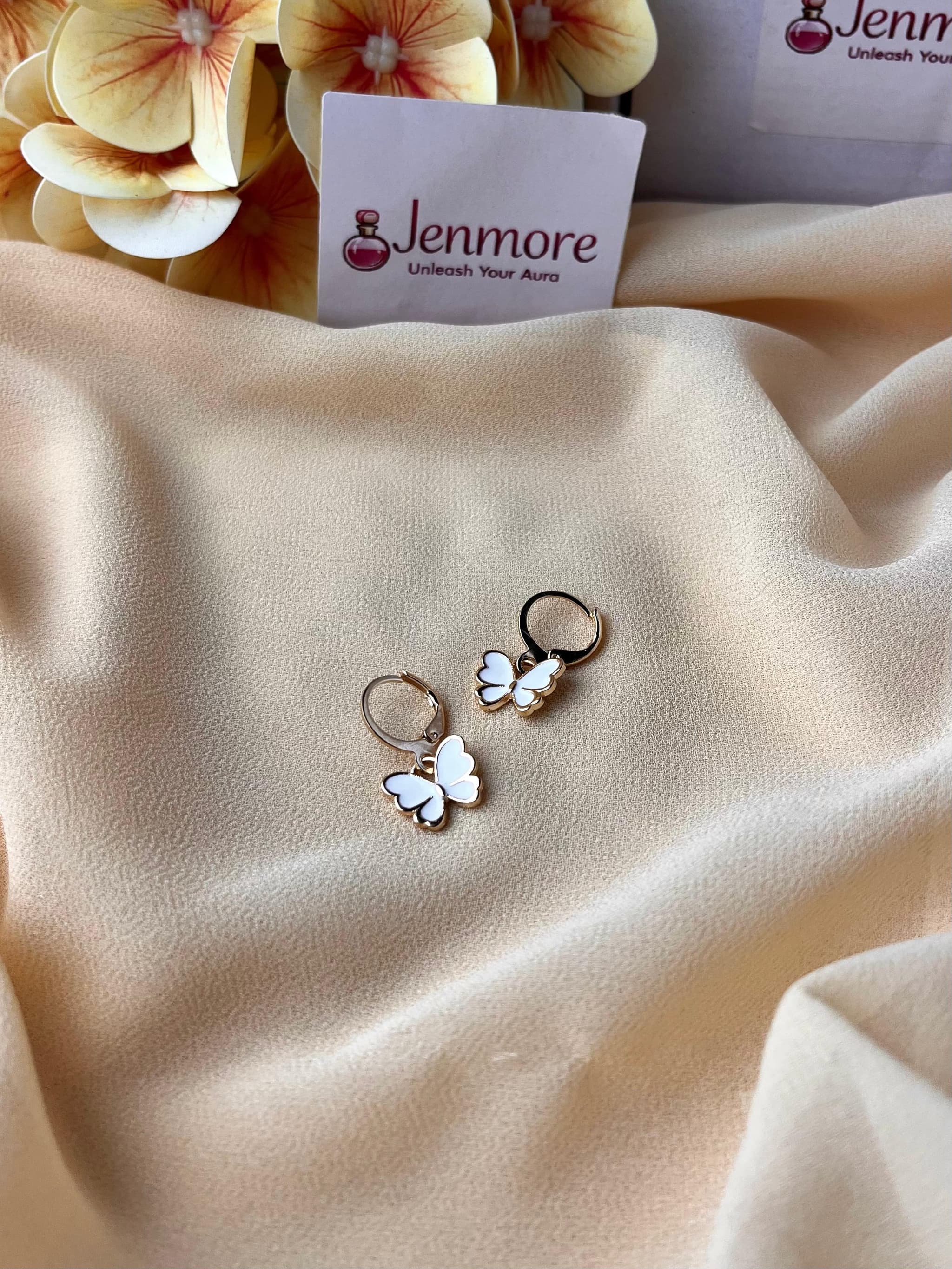 Jenmore White Enamel Blossom Butterfly Leverback Drop Earrings — view 2