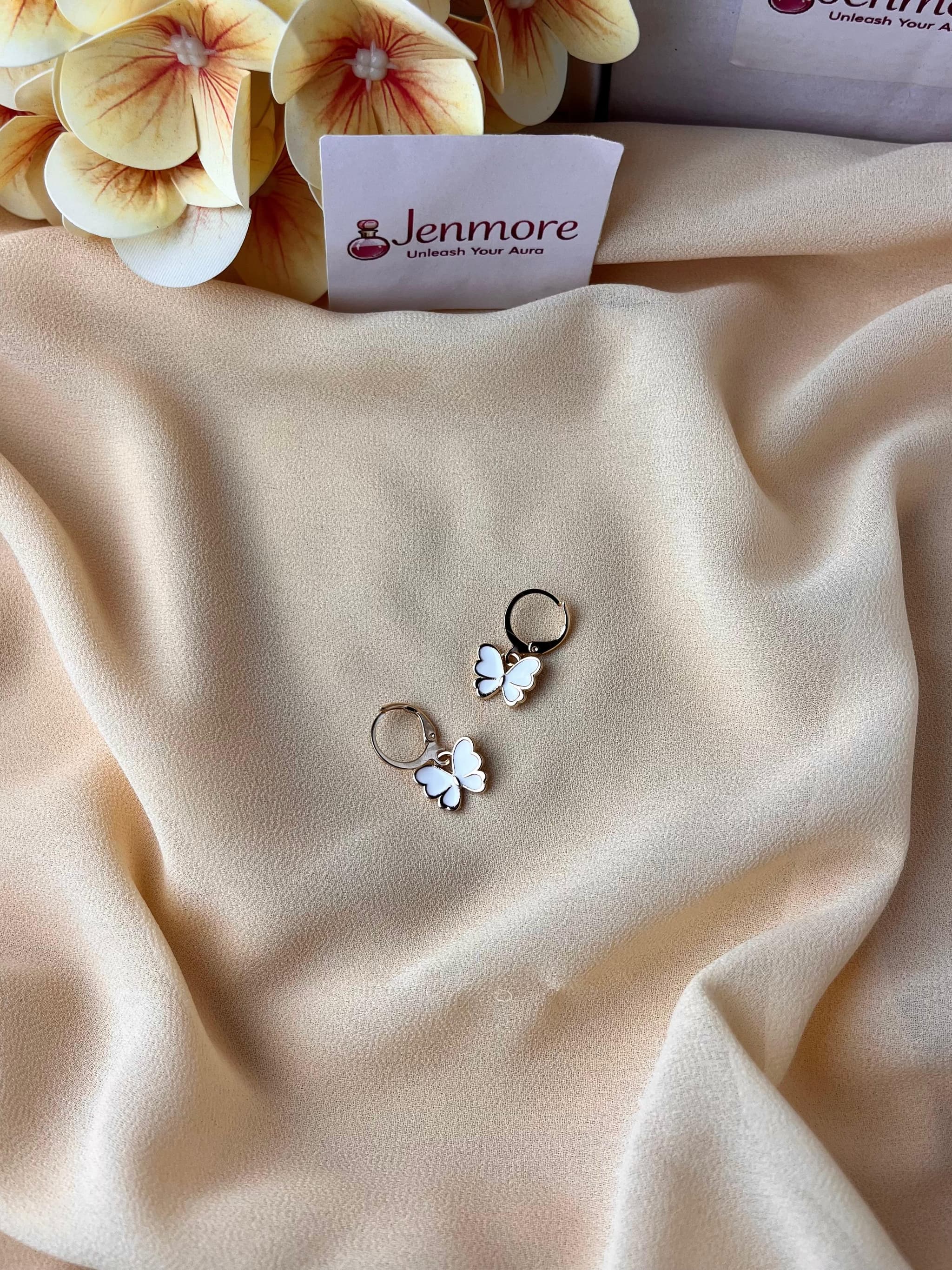 Jenmore White Enamel Blossom Butterfly Leverback Drop Earrings — view 3
