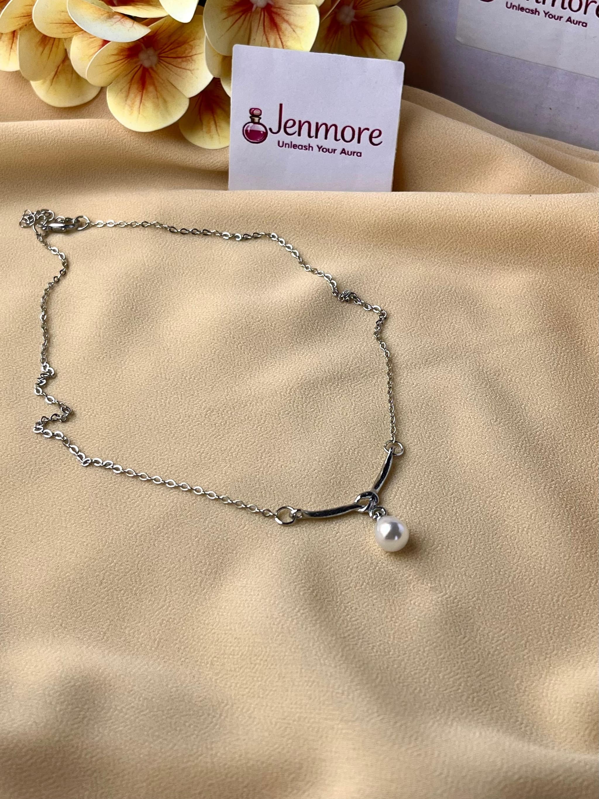 Jenmore Minimalist Pearl Drop Curved Bar Chain Necklace — view 2