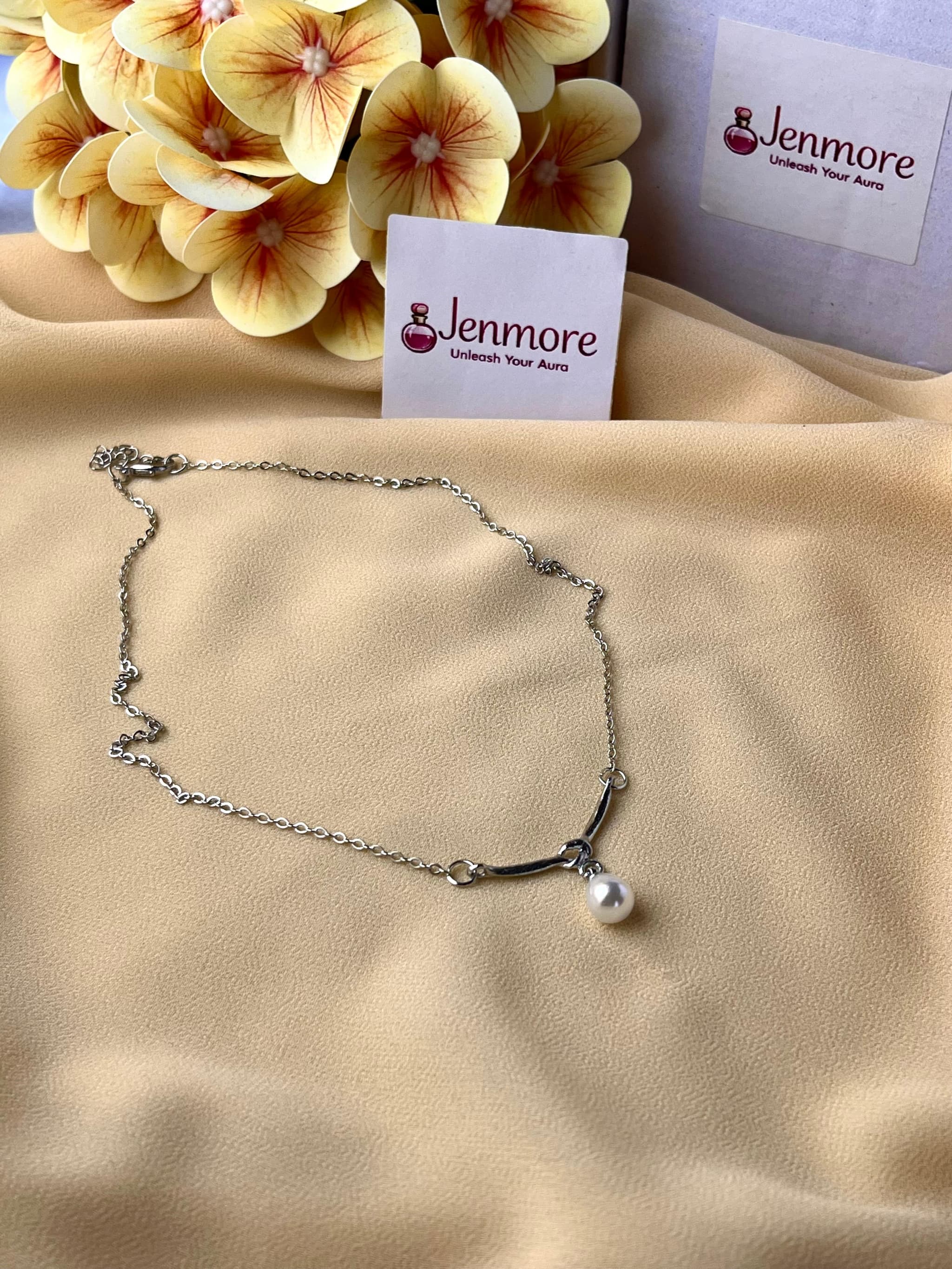 Jenmore Minimalist Pearl Drop Curved Bar Chain Necklace — view 3