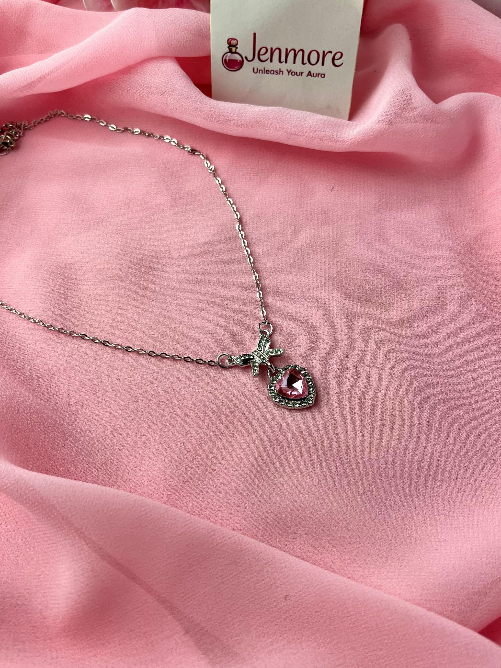 Jenmore Coquette Sweetheart Pink Crystal Ribbon Bow Pendant Necklace — view 4