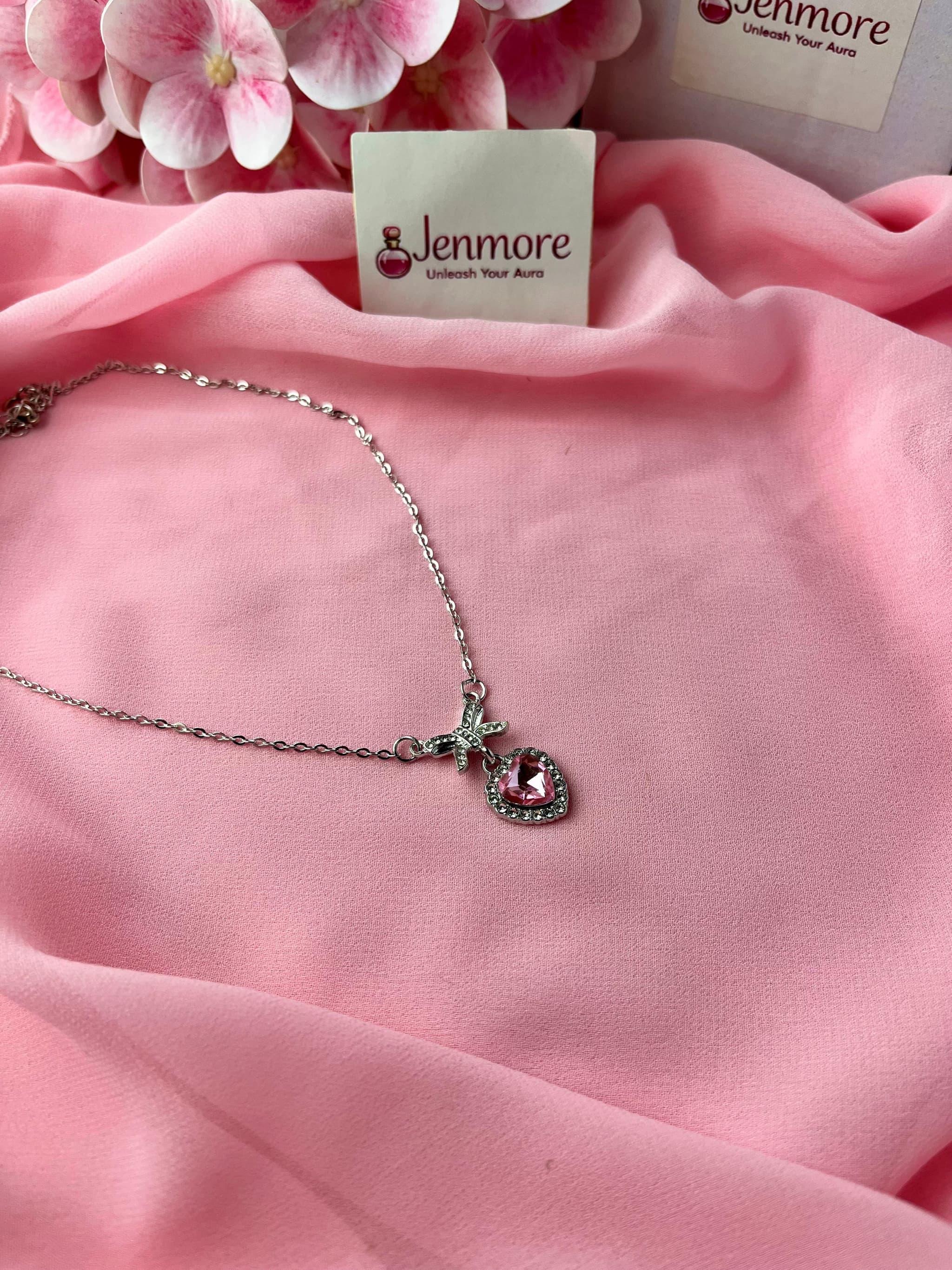 Jenmore Coquette Sweetheart Pink Crystal Ribbon Bow Pendant Necklace — view 2