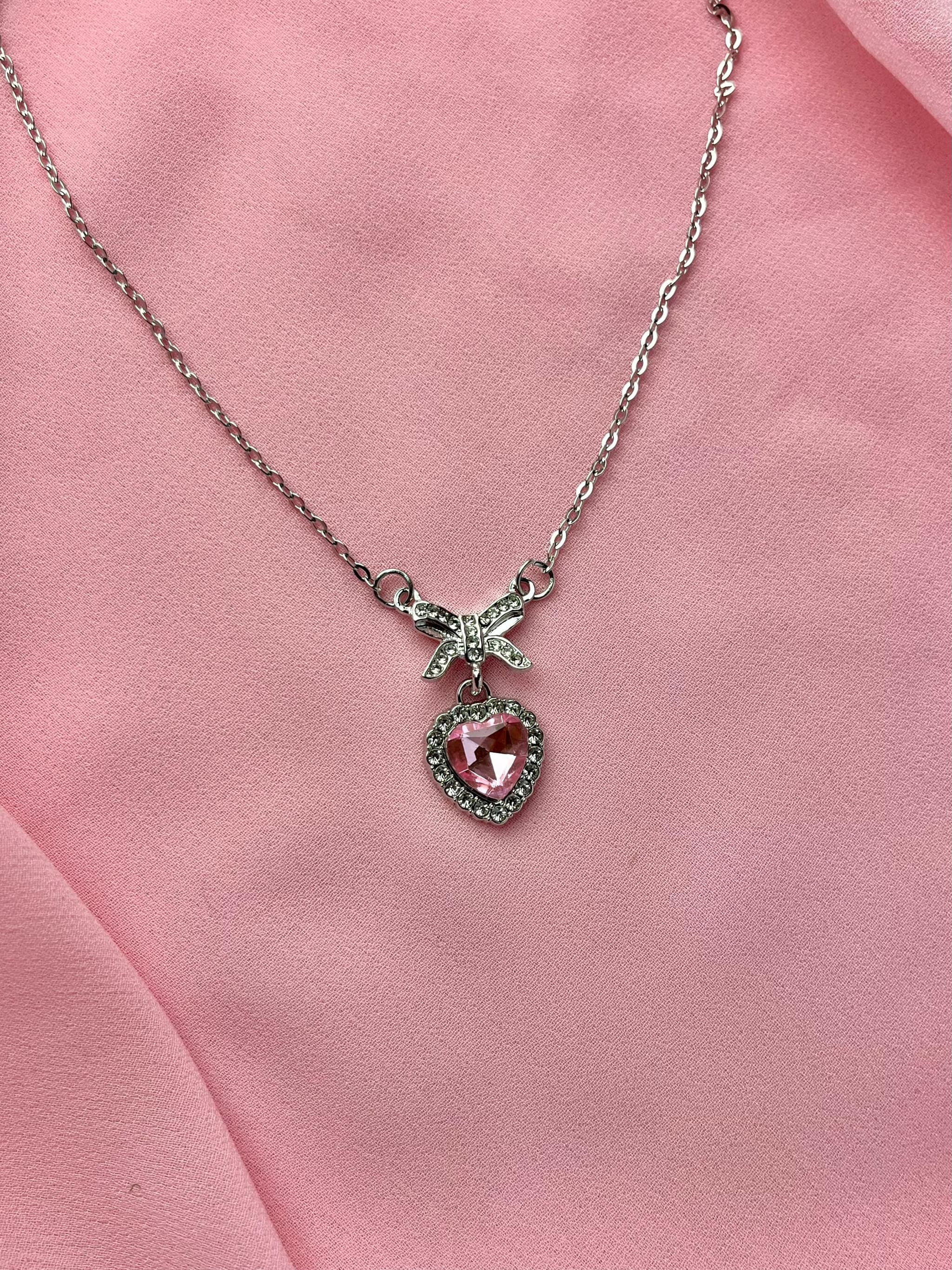Jenmore Coquette Sweetheart Pink Crystal Ribbon Bow Pendant Necklace — view 3